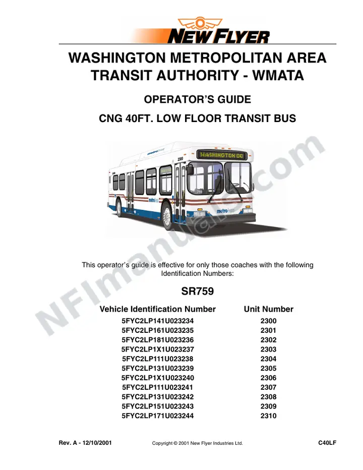 New Flyer C40LF Manual Package - Washington Metropolitan Area Transit Authority included manual preview