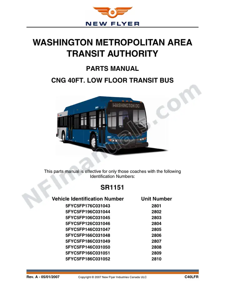 SR1151_1166 Parts Manual, WMATA first-page preview