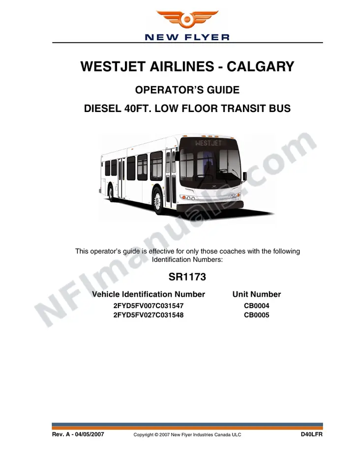 New Flyer D40LFR Manual Package - WestJet Airlines - Calgary included manual preview