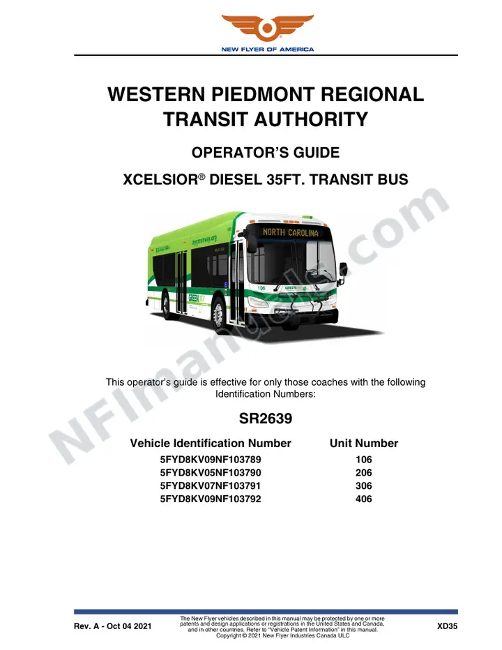 New Flyer XD35 Manual Package - Western Piedmont Regional Transit Authority included manual preview