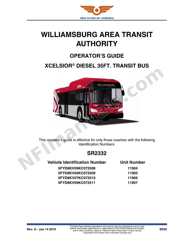 New Flyer XD35 Manual Package - Williamsburg Area Transit Authority included manual preview