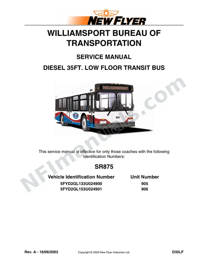 SR875 Service Manual, Williamsport Bureau of Transportation first-page preview