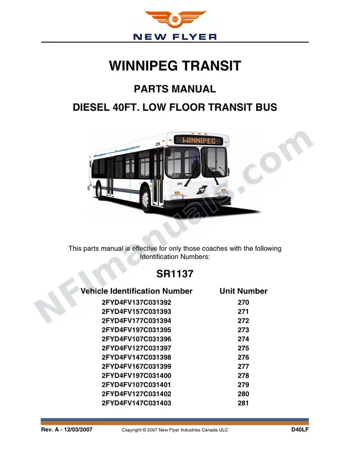 SR1137 Parts Manual, Winnipeg Transit first-page preview
