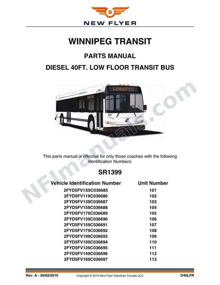 SR1399 Parts Manual, Winnipeg Transit first-page preview