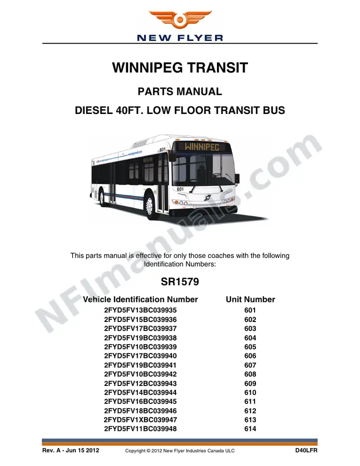 SR1579 Parts Manual, Winnipeg Transit first-page preview