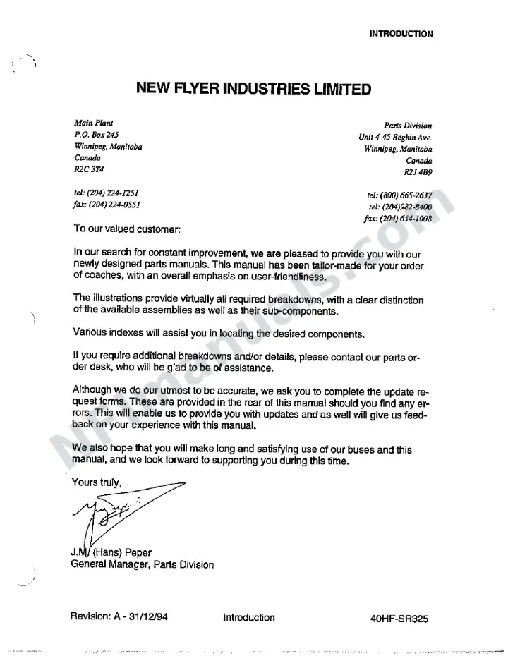 SR325 Parts Manual, City of Winnipeg first-page preview