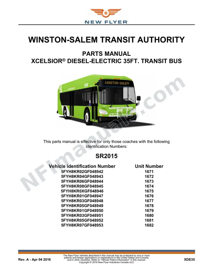 SR2015 Parts Manual, Winston-Salem Transit Authority first-page preview