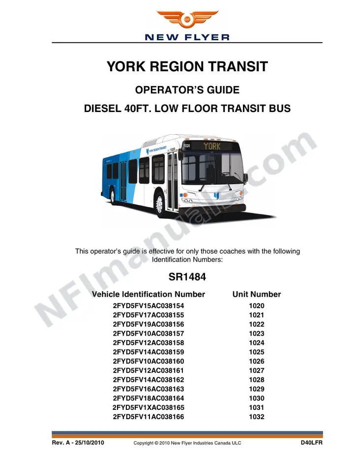 New Flyer D40LFR Manual Package - York Region Transit included manual preview