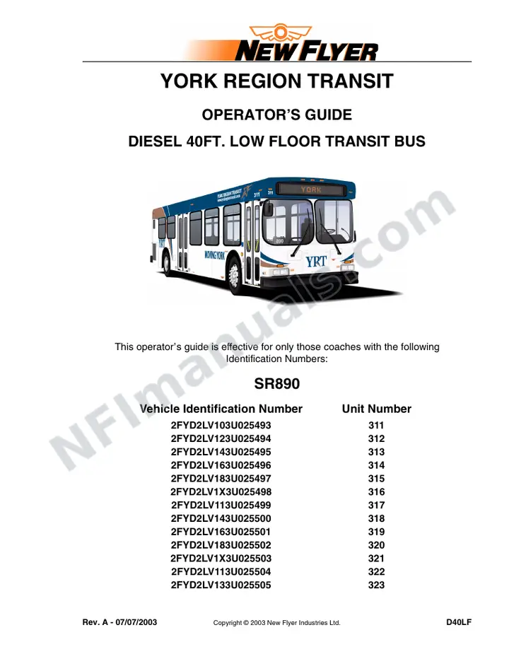 SR890 Operator's Guide, York Region Transit first-page preview