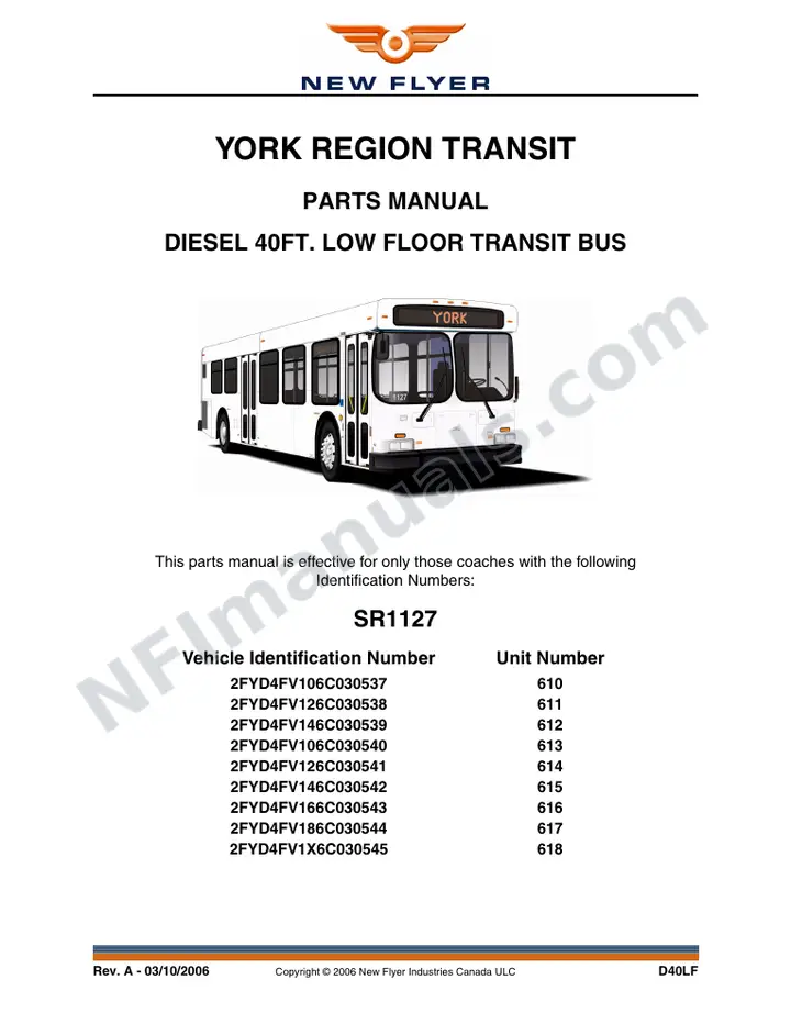 SR1127 Parts Manual, York Region Transit first-page preview