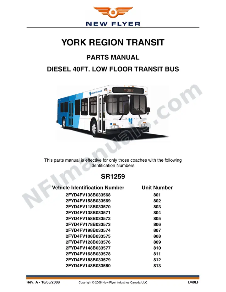 SR1259 Parts Manual, York Region Transit first-page preview