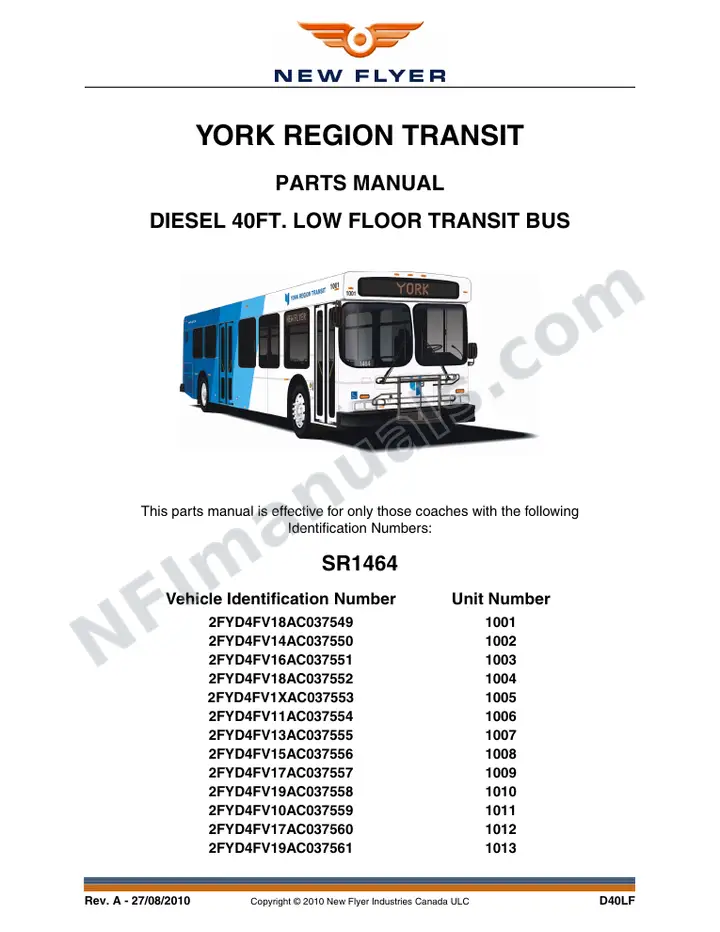 SR1464 Parts Manual, York Region Transit first-page preview