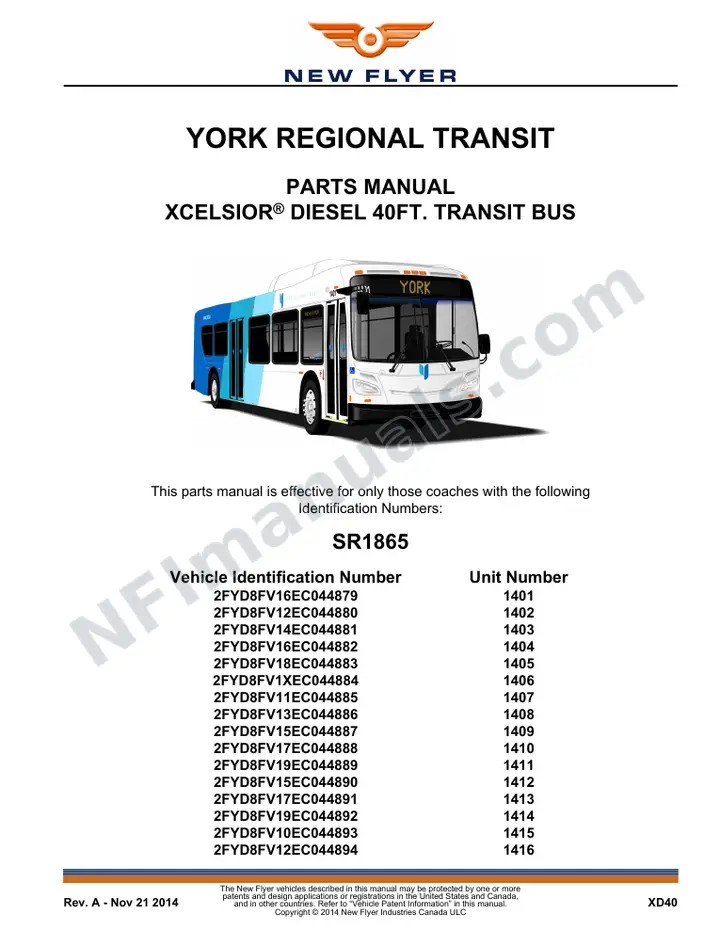 SR1865 Parts Manual, York Regional Transit first-page preview