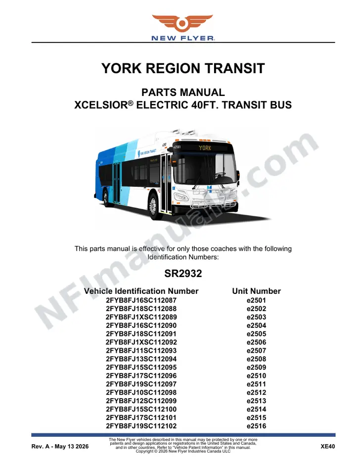 SR2932 Parts Manual, York Region Transit first-page preview