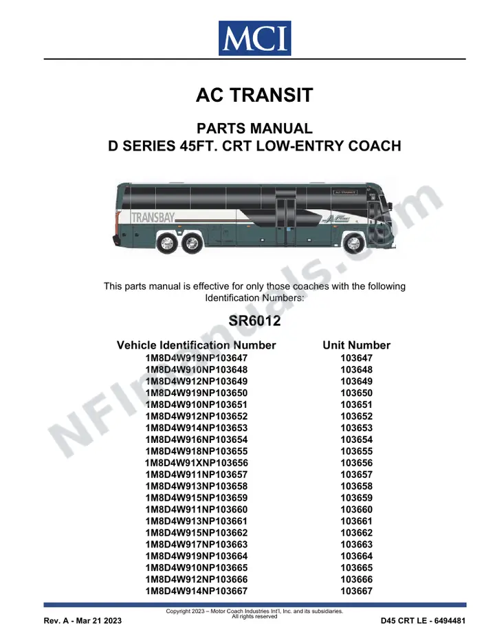 SR6012_6029 Parts Manual, AC Transit first-page preview