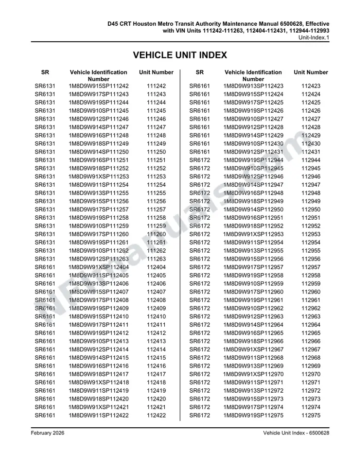 D45 CRT Houston Metro Transit Authority Maintenance Manual 6500628, Effective with VIN Units 111242-111263, 112404-112431, 112944-112993 first-page preview