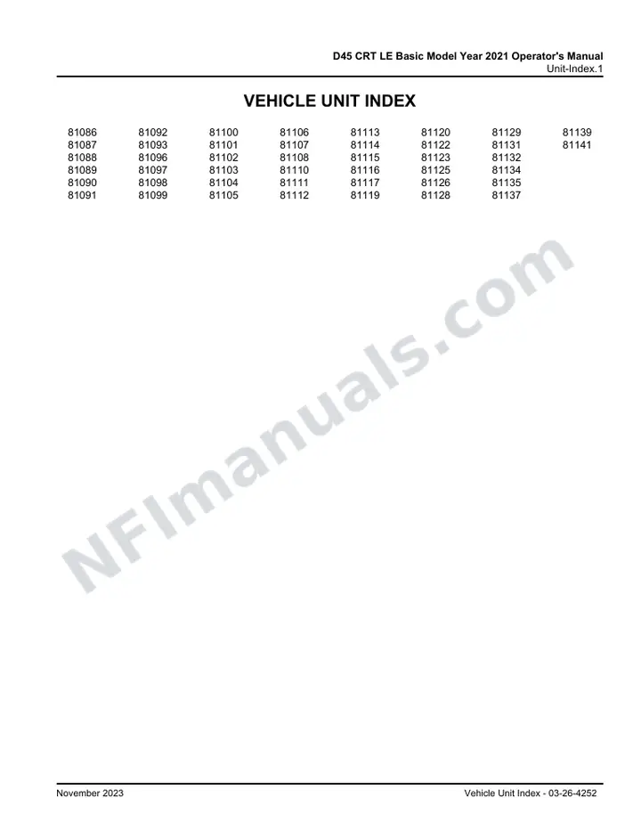 D45 CRT LE Basic Model Year 2021 Operator's Manual, 2021 for Units 81086-81093,81096-81108,81110-81117,81119,81120,81122,81123,81125,81126,81128,81129,81131,81132,81134,81135,81137,81139,81141 first-page preview
