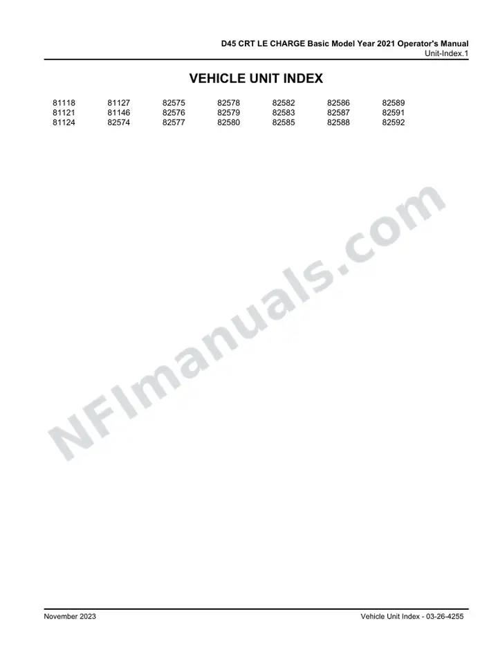 D45 CRT LE CHARGE Basic Model Year 2021 Operator's Manual, 2021 for Units 81118,81121,81124,81127,81146,82574-82580,82582,82583,82585-82589,82591,82592 first-page preview