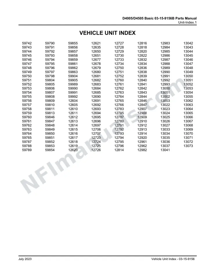 D4005/D4505 Basic 03-15-9156B Parts Manual, 2010 for Units 12604-13073, 59742-59992 first-page preview