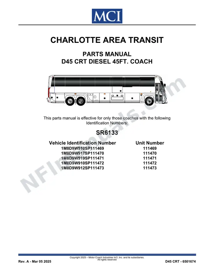 SR6133 Parts Manual, Charlotte Area Transit first-page preview