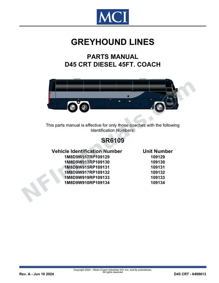 SR6109 Parts Manual, Greyhound Lines first-page preview
