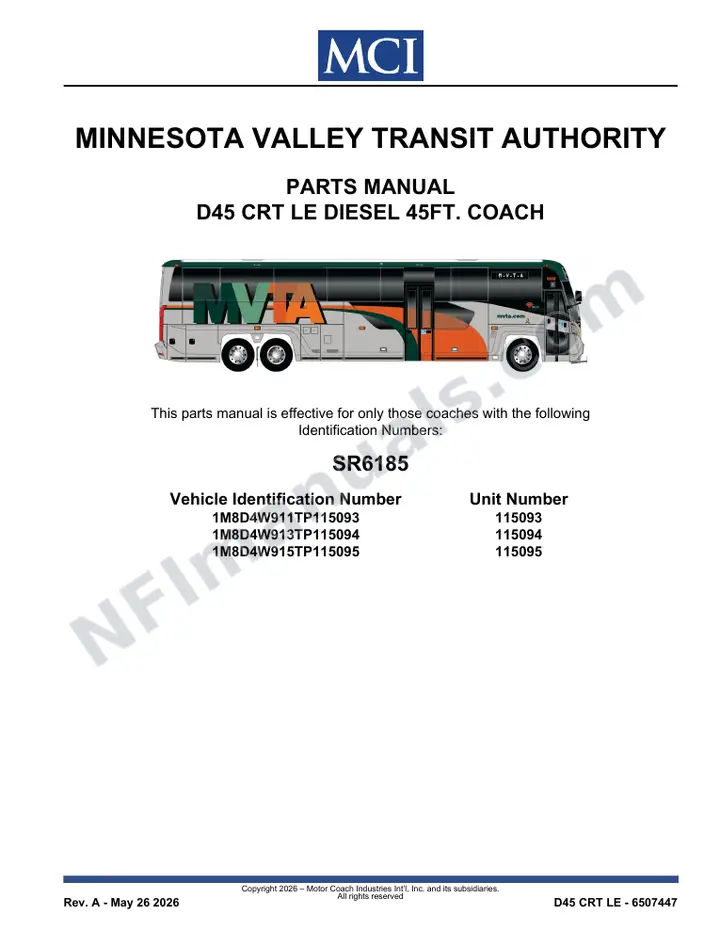 SR6185 Parts Manual, Minnesota Valley Transit Authority first-page preview