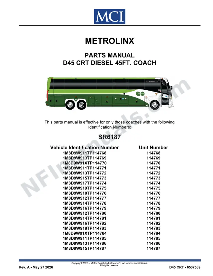 SR6187 Parts Manual, Metrolinx first-page preview