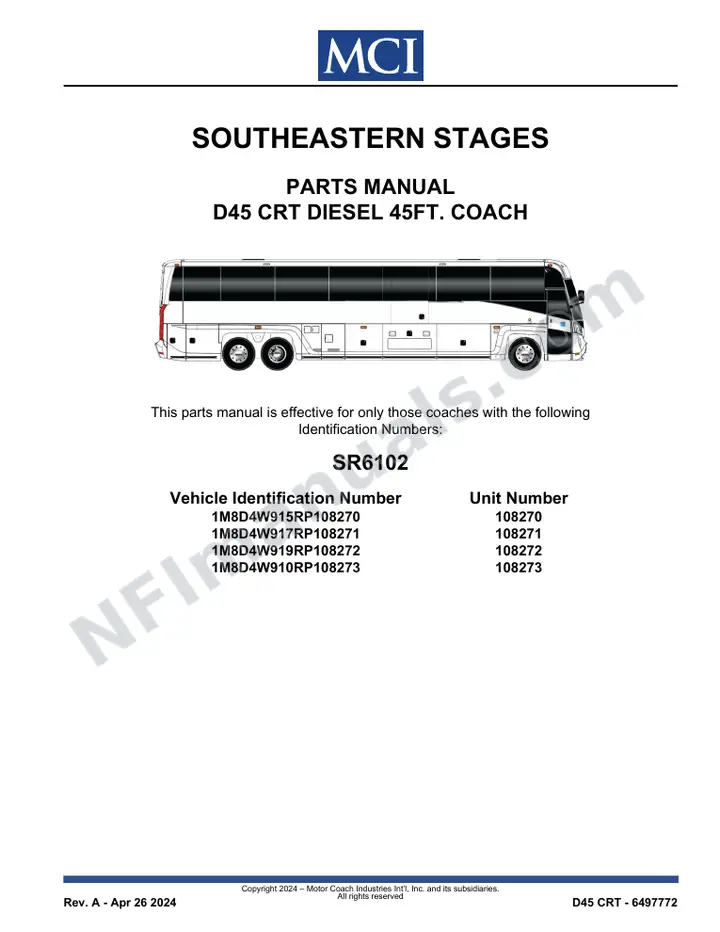 SR6102 Parts Manual, Southeastern Stages first-page preview