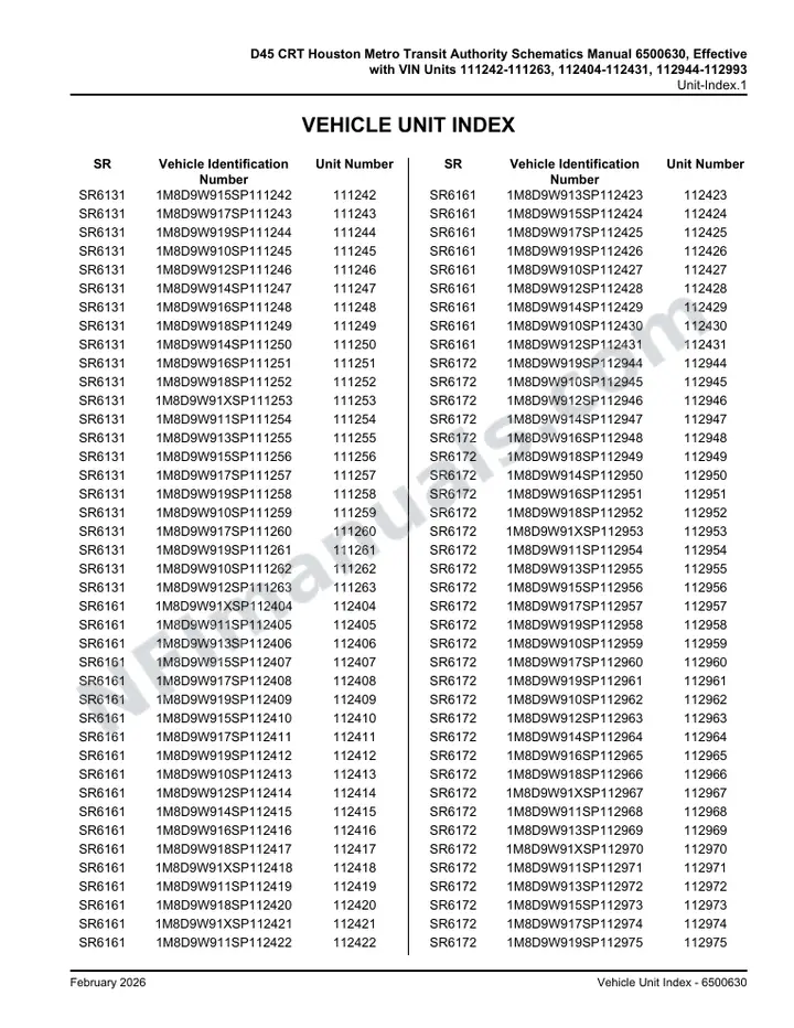 D45 CRT Houston Metro Transit Authority Schematics Manual 6500630, Effective with VIN Units 111242-111263, 112404-112431, 112944-112993 first-page preview