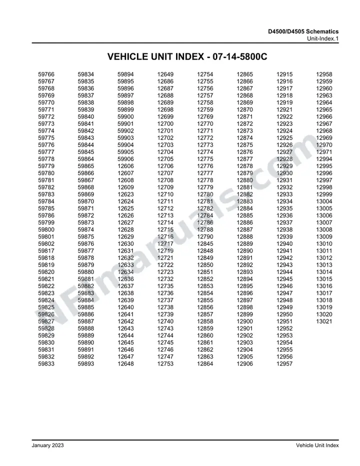 D4500/D4505 D4500/D4505 Schematics , 2011 for Units 12606-12609,12623-12634,12636-12649,12686-12689,12698-12717,12719,12721-12723,12732,12735-12740,12743-12747,12753-12759,12769-12782,12784,12786,12788,12790,12845,12848-12906,12915-12919,12921-12960,12963-12971,12994-12999,13004-13021,59766-59786,59799-59802,59817-59845,59864-59906 first-page preview