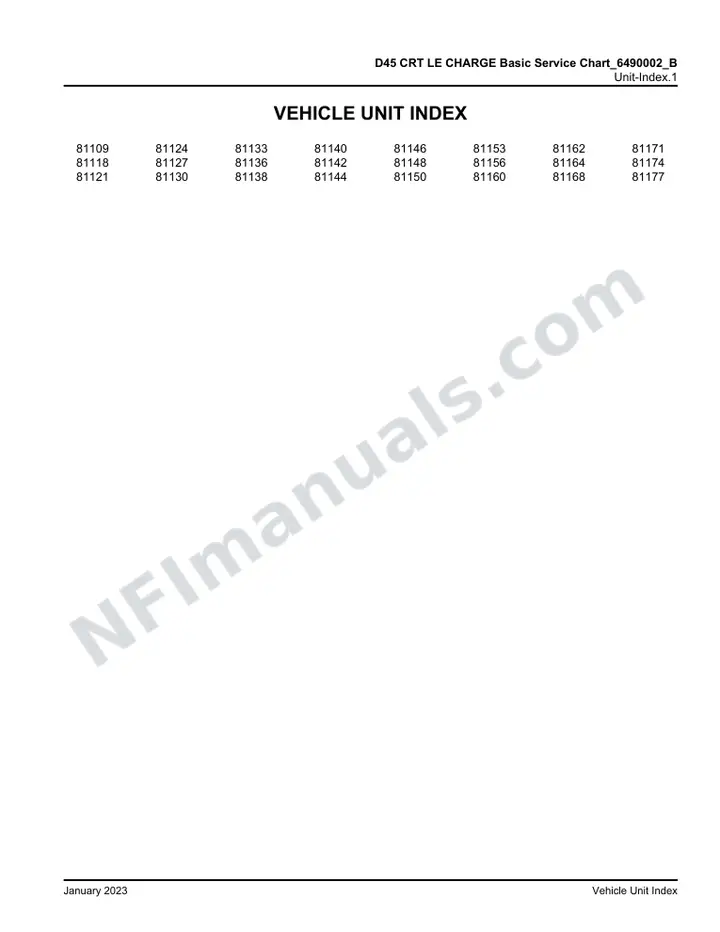 D45 CRT LE D45 CRT LE CHARGE Basic Service Chart_6490002_B , 2021 for Units 81109, 81118, 81121, 81124, 81127, 81130, 81133, 81136, 81138, 81140, 81142, 81144, 81146, 81148, 81150, 81153, 81156, 81160, 81162, 81164, 81168, 81171, 81174, 81177 first-page preview