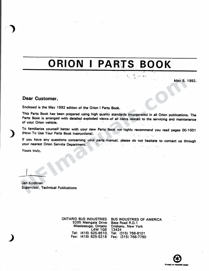 Orion I Parts Manual first-page preview