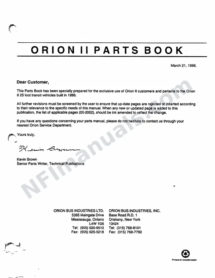 Orion II Parts Manual first-page preview