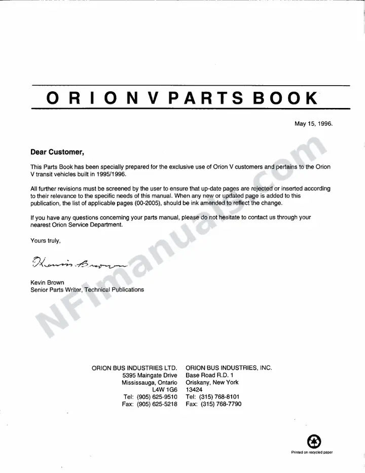 Orion V Master Parts Manual first-page preview