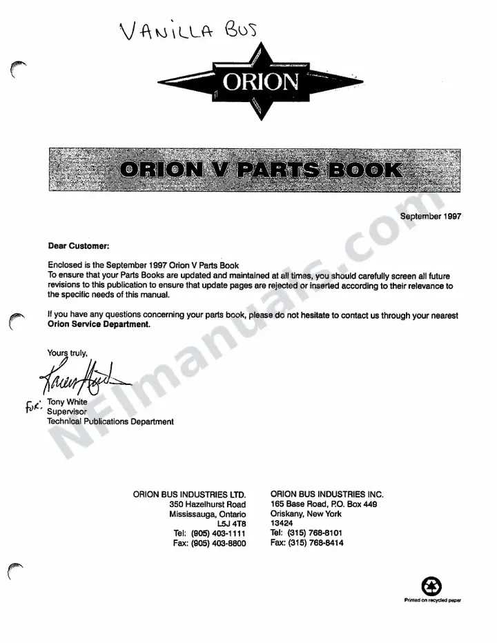 Vanilla Bus OV Parts Manual first-page preview