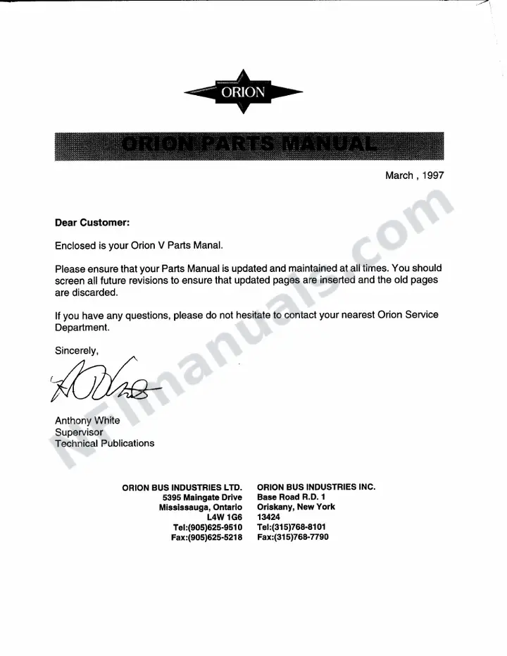 Orion V Parts Manual first-page preview