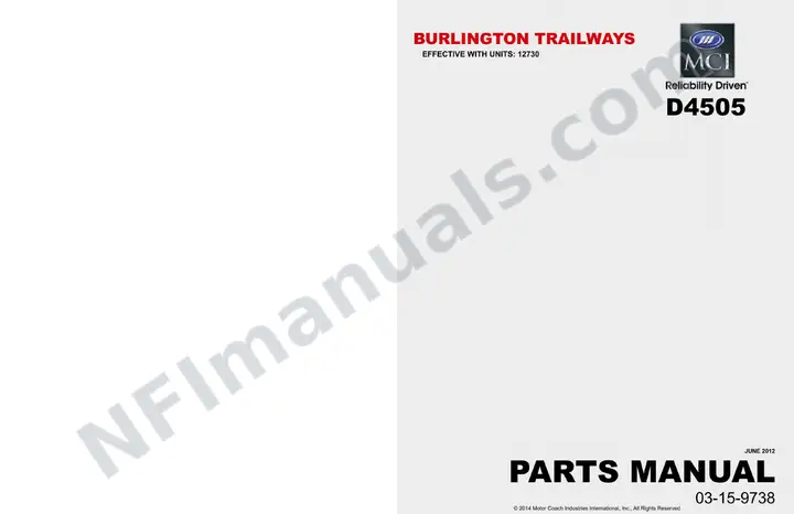D4505 Burlington Trailways (Iowa) Parts Manual 03 15 9738, Effective with VIN Unit 12730 first-page preview