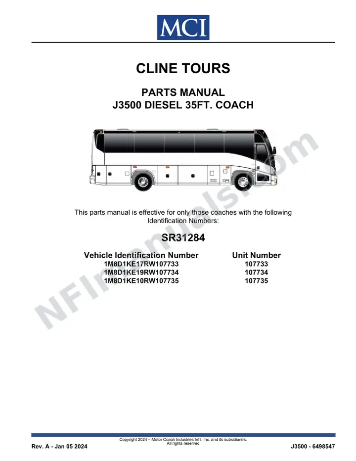 SR31284 Parts Manual, Cline Tours first-page preview