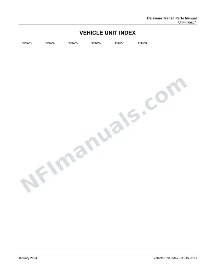 D4500 Delaware Transit Parts Manual 03 15 9613, Effective with VIN Units 12623 12628 first-page preview