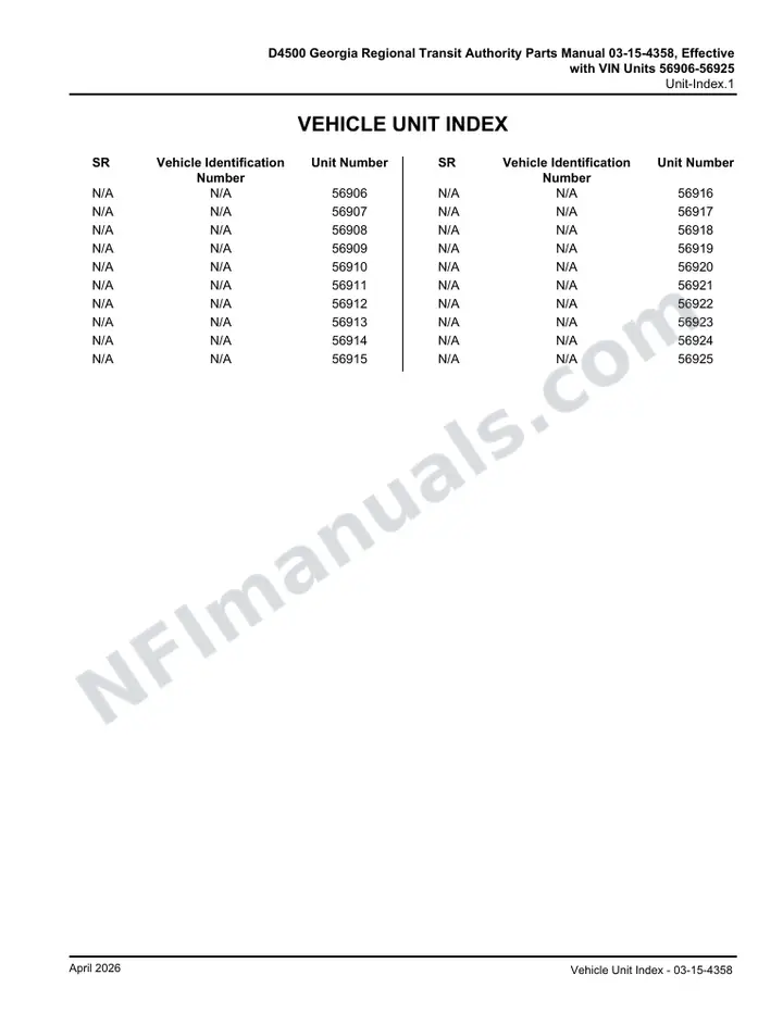 D4500 Parts Manual, Georgia RTA, 2005 for Units 56906-56925 first-page preview