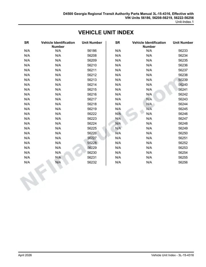 D4500 Parts Manual, Georgia RTA 2003 for Units 56186, 56208-56256 first-page preview