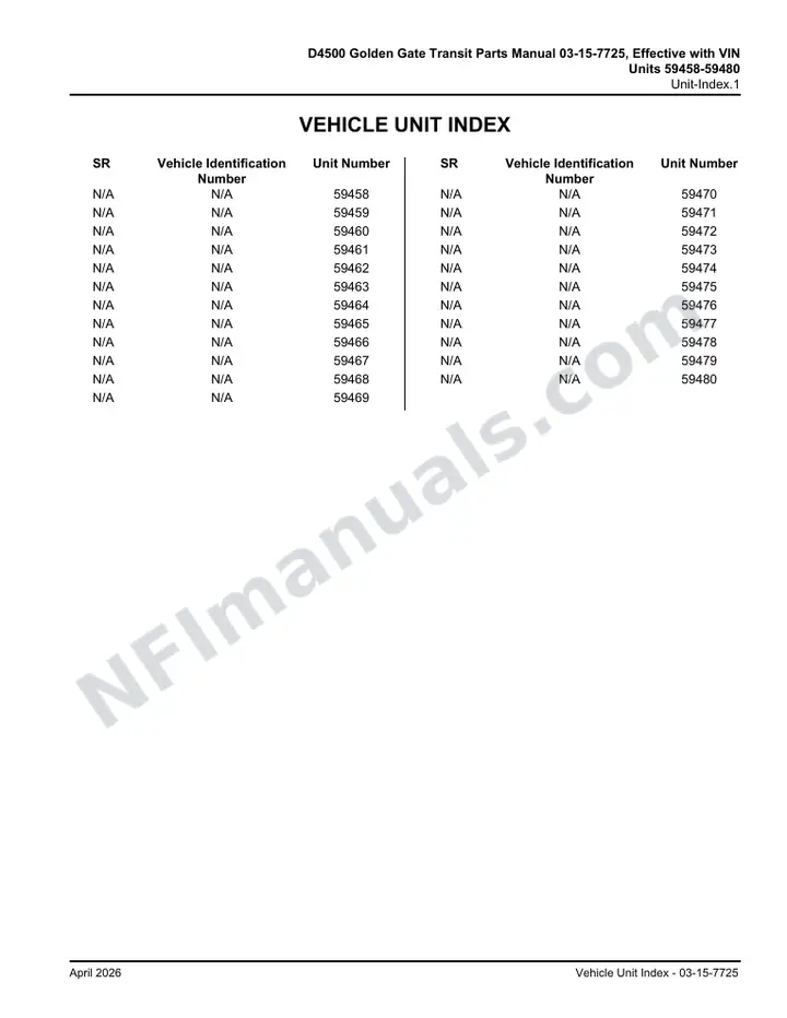 D4500 Golden Gate Transit Parts Manual 03 15 7725, Effective with VIN Units 59458 59480 first-page preview