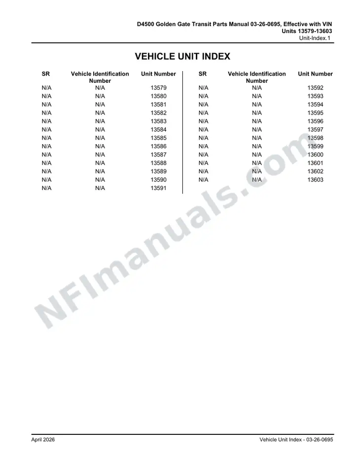 D4500 Golden Gate Transit Parts Manual 03 26 0695, Effective with VIN Units 13579 13603 first-page preview