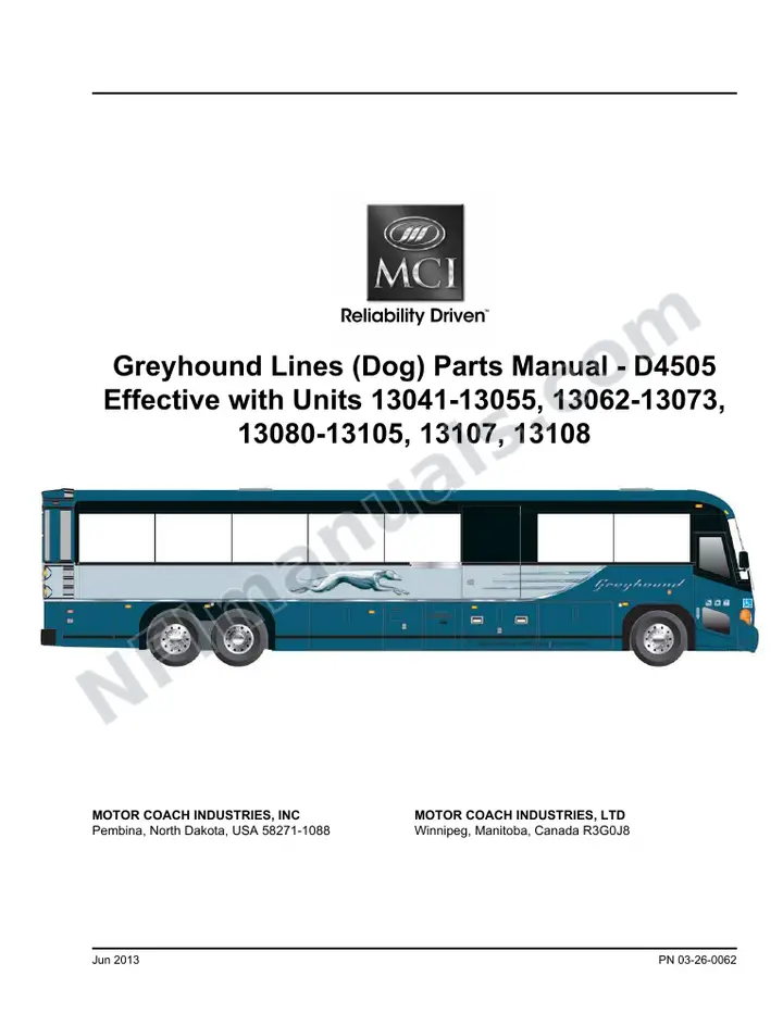 D4505 Greyhound Lines (Dog) Parts Manual 03 26 0062, Effective with VIN Units 13041 13108 first-page preview