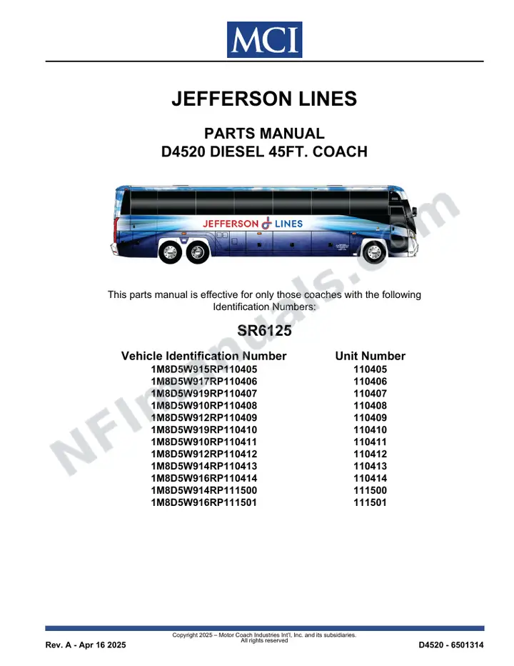 SR6125 Parts Manual, Jefferson Lines first-page preview