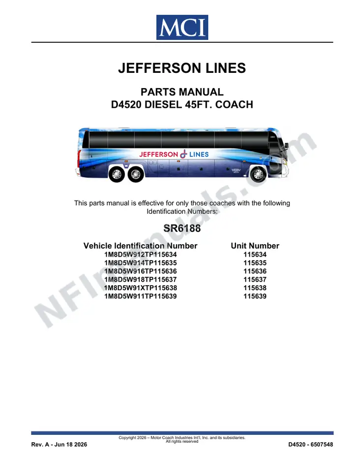 SR6188 Parts Manual, Jefferson Lines first-page preview