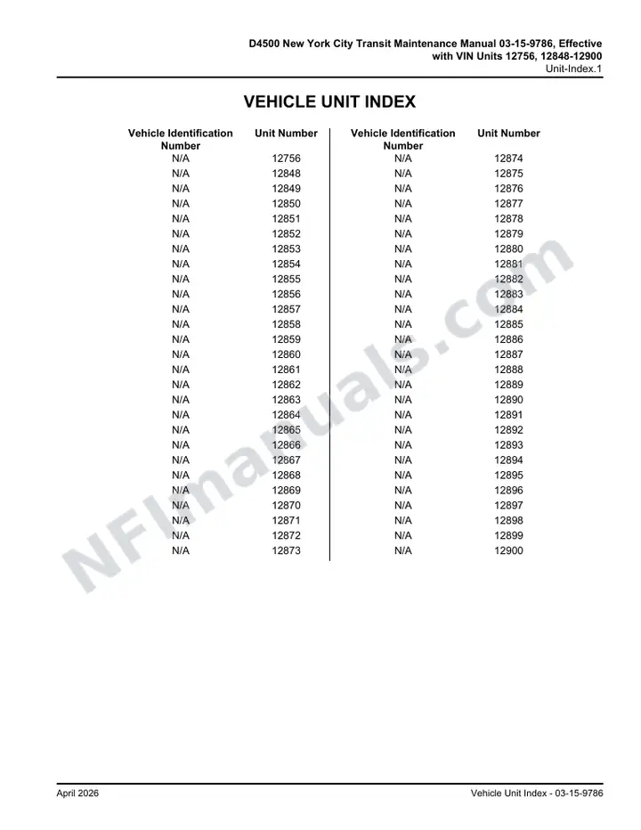 D4500 New York City Transit Maintenance Manual 03-15-9786, Effective with VIN Units 12756, 12848-12900 first-page preview