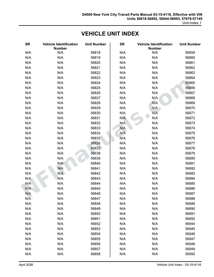 D4500 New York City Transit Parts Manual 03 15 4116B, Effective with VIN Units 56818 57145 first-page preview