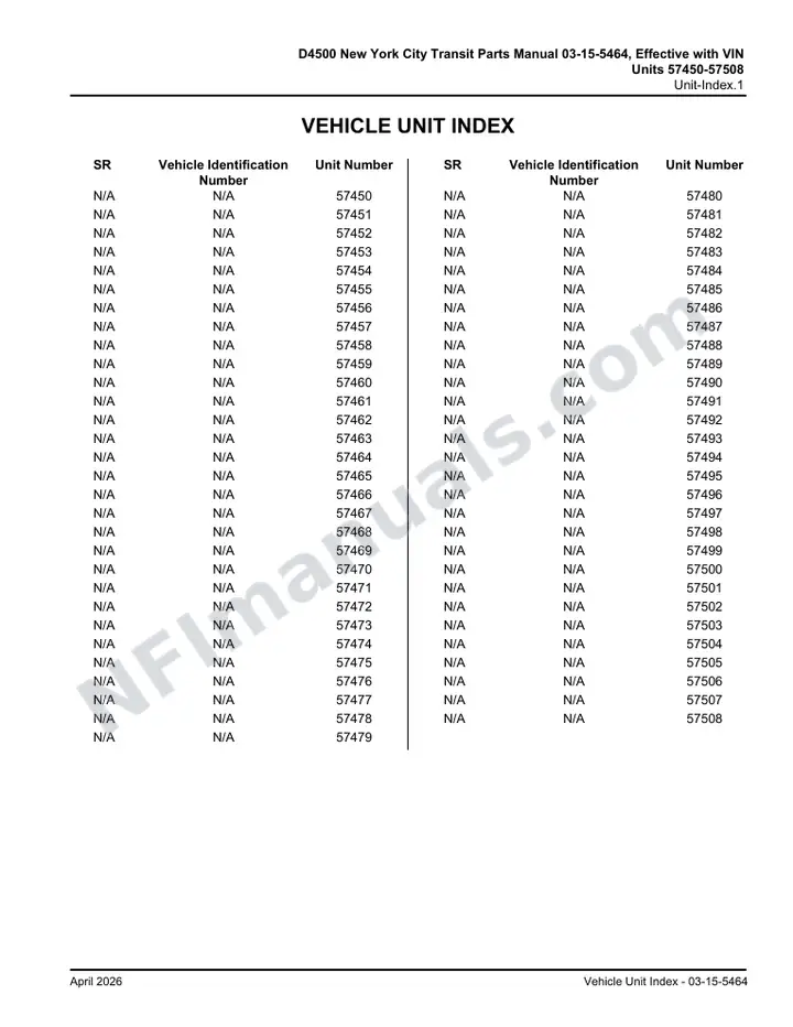 D4500 New York City Transit Parts Manual 03 15 5464B, Effective with VIN Units 57450 57508 first-page preview