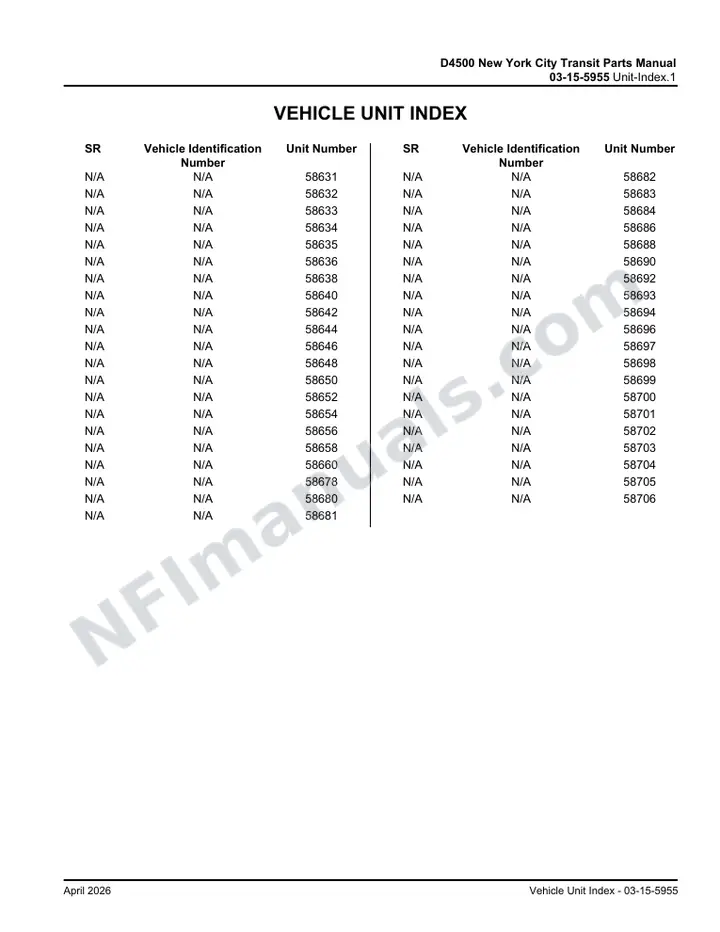 D4500 New York City Transit Parts Manual 03 15 5955B, Effective with VIN Units 58631 58706 first-page preview